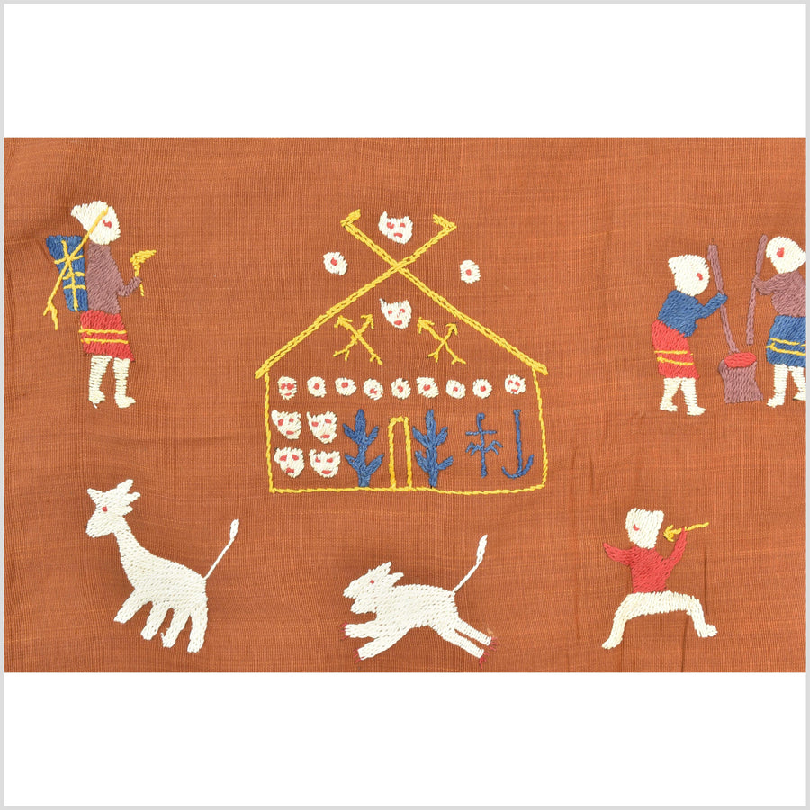 Saffron orange cotton story quilt Naga tribal textile ethnic embroidered boho fabric Burma hill tribe tapestry Thai India Hmong II179