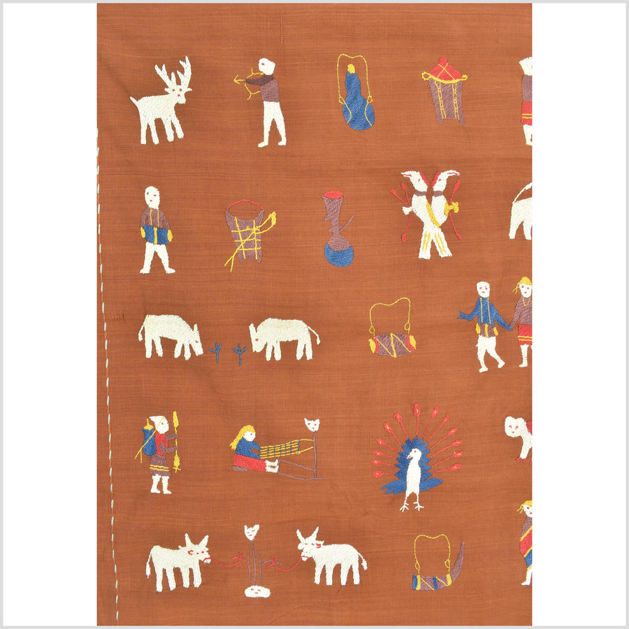 Saffron orange cotton story quilt Naga tribal textile ethnic embroidered boho fabric Burma hill tribe tapestry Thai India Hmong II179