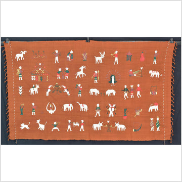 Saffron orange cotton story quilt Naga tribal textile ethnic embroidered boho fabric Burma hill tribe tapestry Thai India Hmong II180