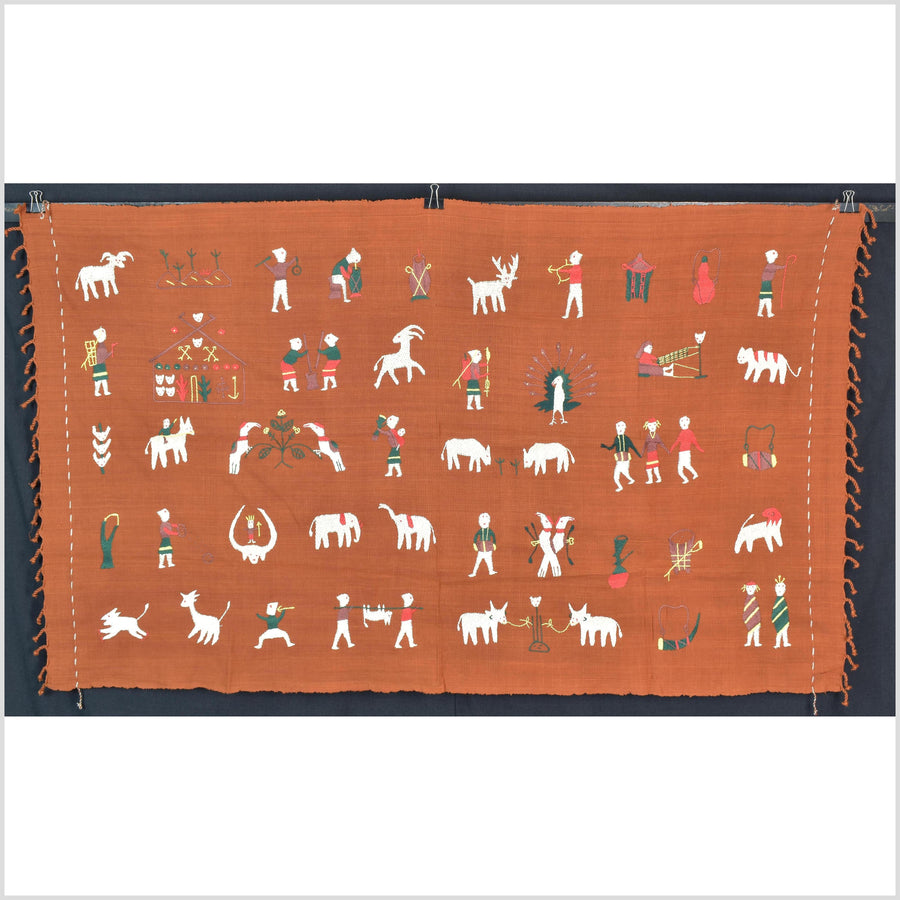Saffron orange cotton story quilt Naga tribal textile ethnic embroidered boho fabric Burma hill tribe tapestry Thai India Hmong II180