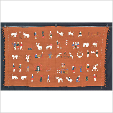 Saffron orange cotton story quilt Naga tribal textile ethnic embroidered boho fabric Burma hill tribe tapestry Thai India Hmong II181