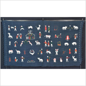 Rich marine blue cotton story quilt Naga tribal textile ethnic embroidered boho fabric Burma hill tribe tapestry Thailand India Hmong II182