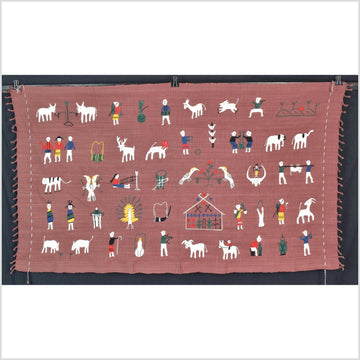 Plum brown cotton story quilt Naga tribal textile ethnic embroidered boho fabric Burma hill tribe tapestry Thailand India Hmong II183
