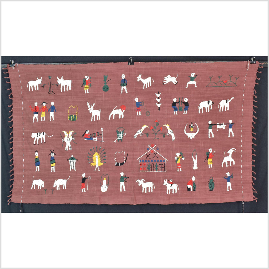 Plum brown cotton story quilt Naga tribal textile ethnic embroidered boho fabric Burma hill tribe tapestry Thailand India Hmong II183