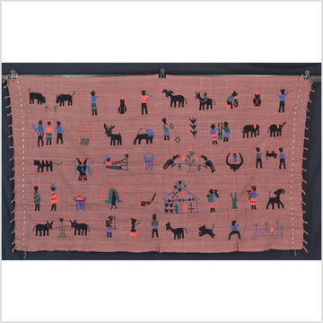Plum brown cotton story quilt Naga tribal textile ethnic embroidered boho fabric Burma hill tribe tapestry Thailand India Hmong II184