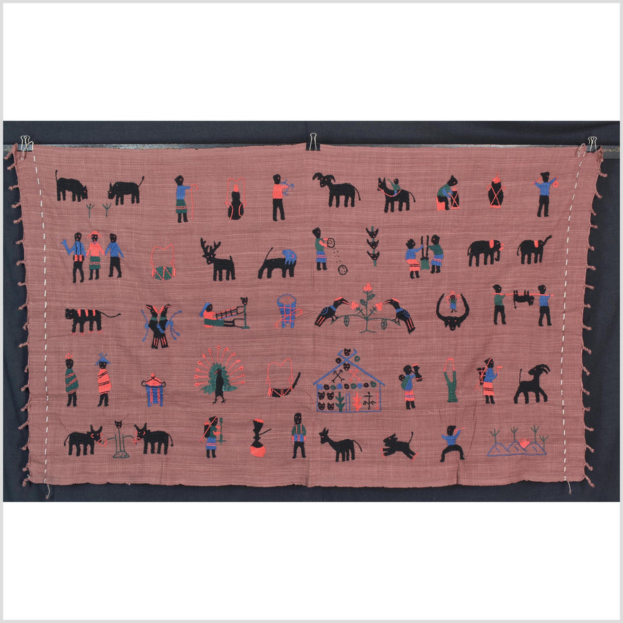 Plum brown cotton story quilt Naga tribal textile ethnic embroidered boho fabric Burma hill tribe tapestry Thailand India Hmong II184
