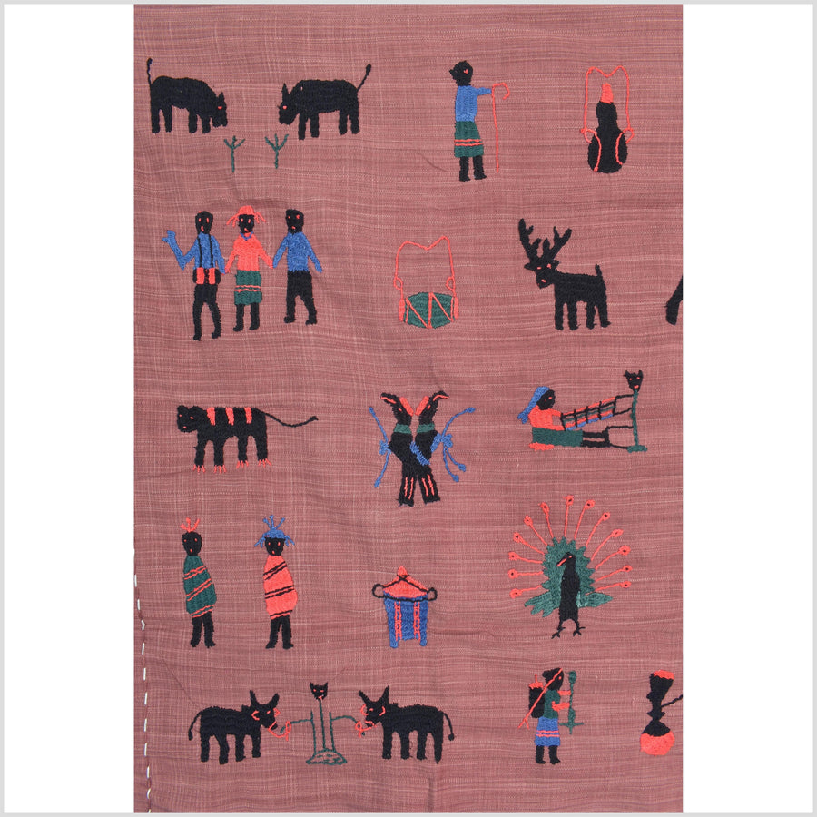 Plum brown cotton story quilt Naga tribal textile ethnic embroidered boho fabric Burma hill tribe tapestry Thailand India Hmong II184