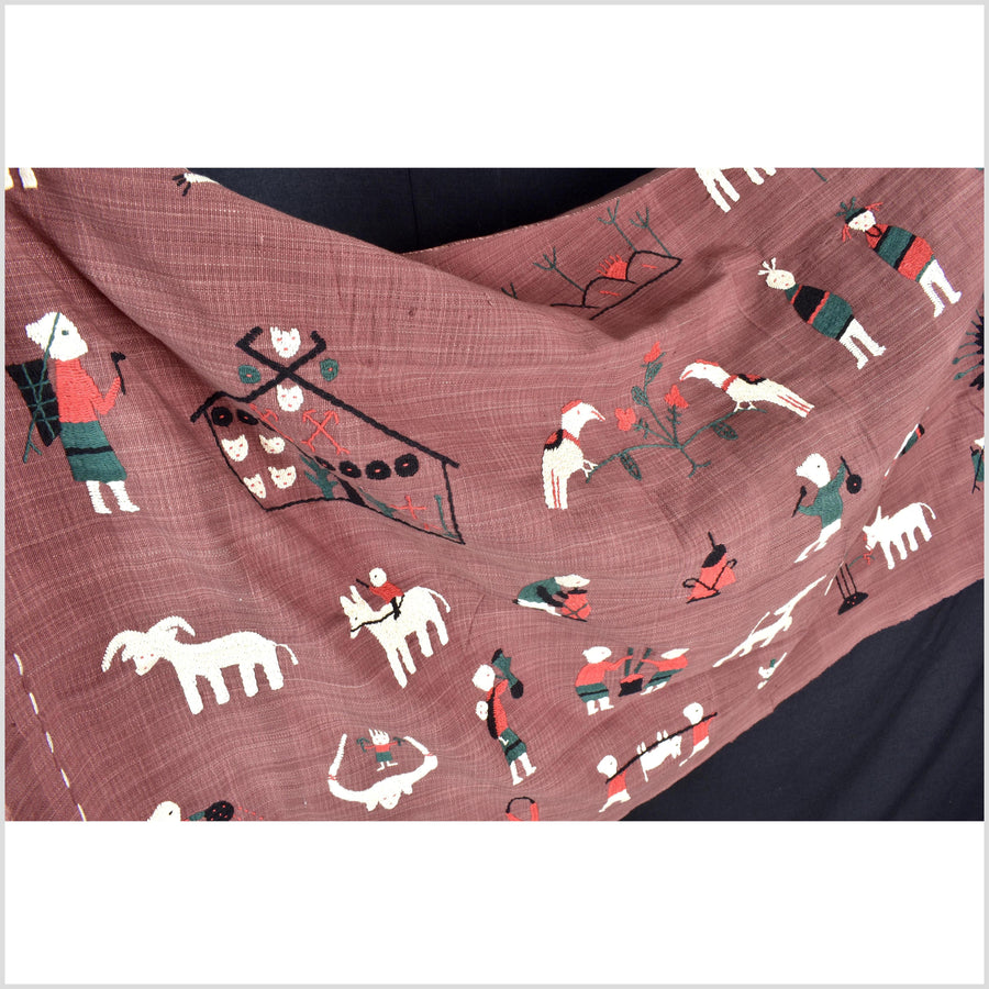 Plum brown cotton story quilt Naga tribal textile ethnic embroidered boho fabric Burma hill tribe tapestry Thailand India Hmong II185
