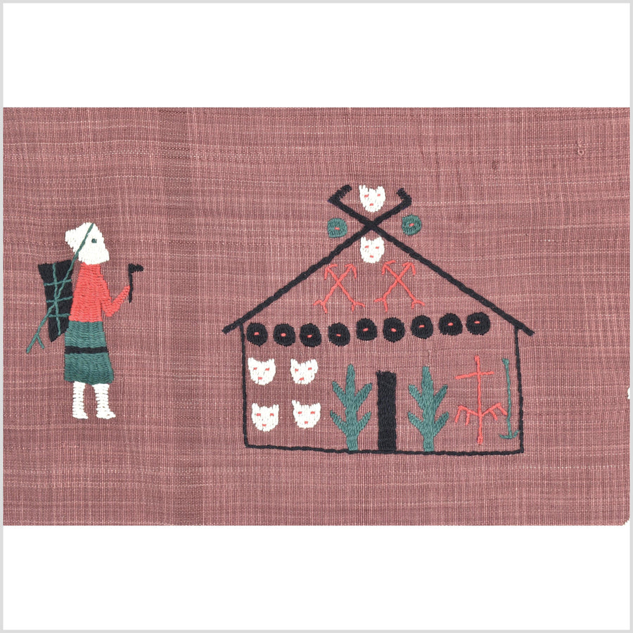 Plum brown cotton story quilt Naga tribal textile ethnic embroidered boho fabric Burma hill tribe tapestry Thailand India Hmong II185