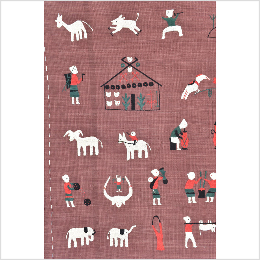 Plum brown cotton story quilt Naga tribal textile ethnic embroidered boho fabric Burma hill tribe tapestry Thailand India Hmong II185