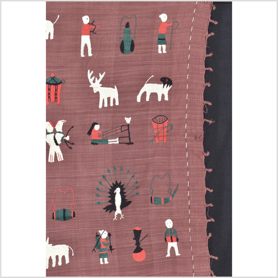 Plum brown cotton story quilt Naga tribal textile ethnic embroidered boho fabric Burma hill tribe tapestry Thailand India Hmong II185