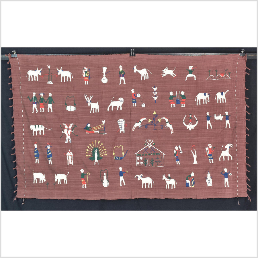 Plum brown cotton story quilt Naga tribal textile ethnic embroidered boho fabric Burma hill tribe tapestry Thailand India Hmong II186