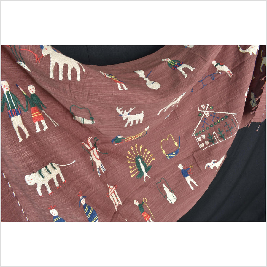 Plum brown cotton story quilt Naga tribal textile ethnic embroidered boho fabric Burma hill tribe tapestry Thailand India Hmong II186