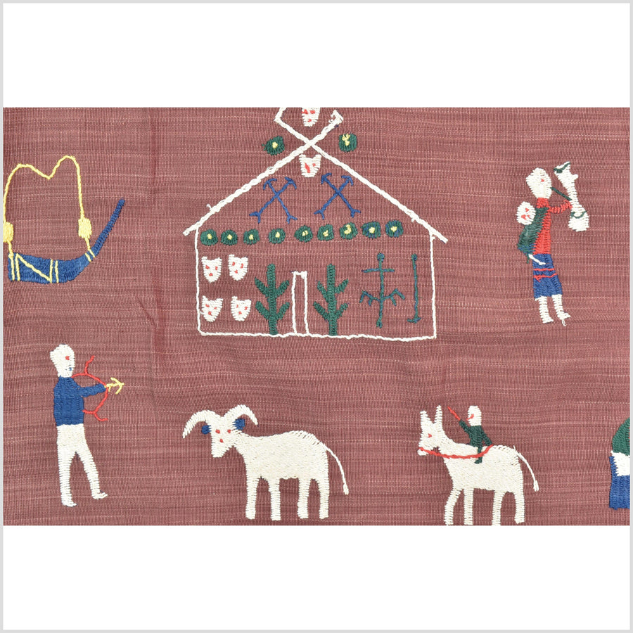 Plum brown cotton story quilt Naga tribal textile ethnic embroidered boho fabric Burma hill tribe tapestry Thailand India Hmong II186