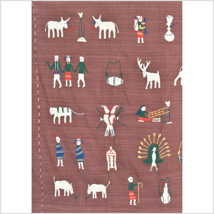 Plum brown cotton story quilt Naga tribal textile ethnic embroidered boho fabric Burma hill tribe tapestry Thailand India Hmong II186