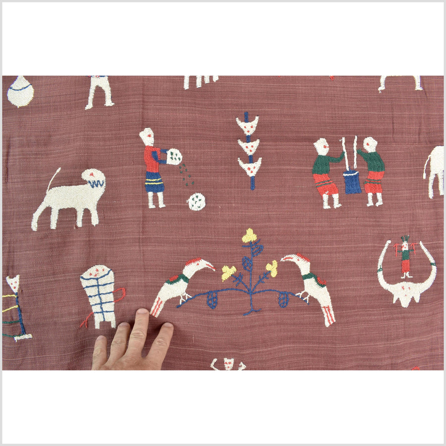 Plum brown cotton story quilt Naga tribal textile ethnic embroidered boho fabric Burma hill tribe tapestry Thailand India Hmong II186