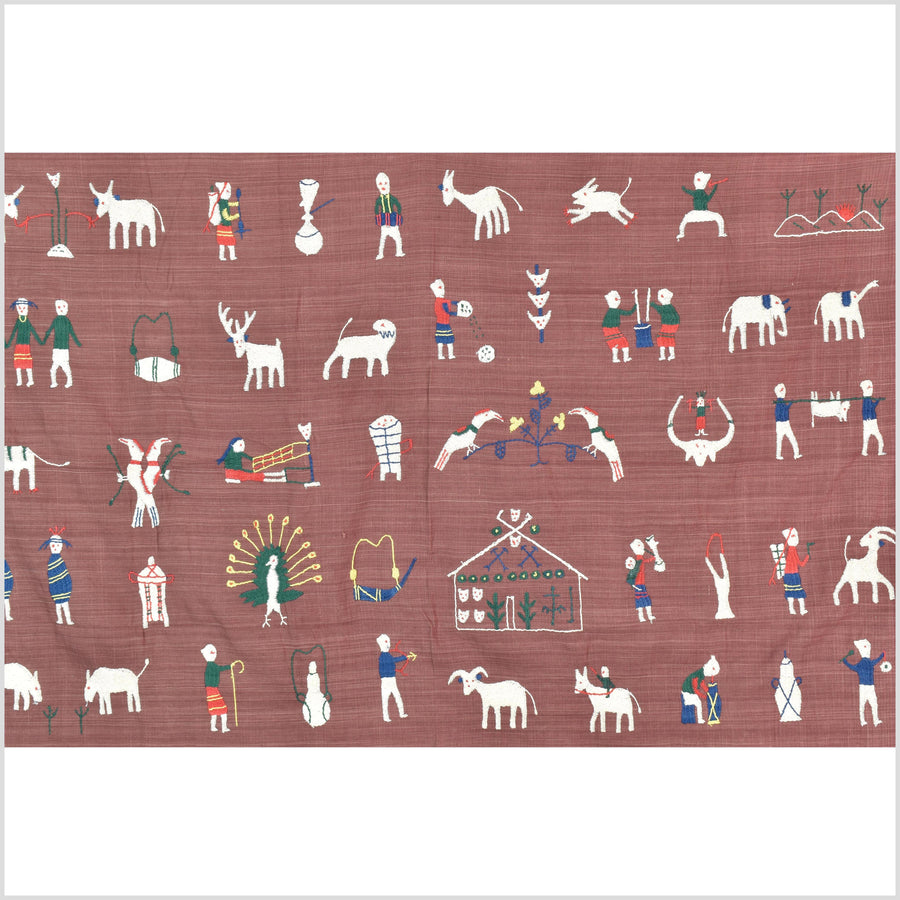 Plum brown cotton story quilt Naga tribal textile ethnic embroidered boho fabric Burma hill tribe tapestry Thailand India Hmong II186