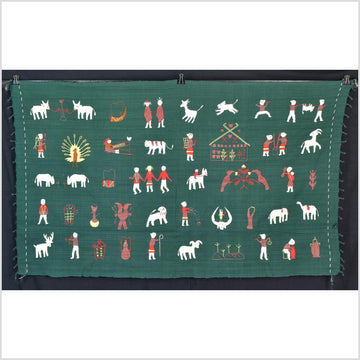 Dark green cotton story quilt Naga tribal textile ethnic embroidered boho fabric Burma hill tribe tapestry Thai India Hmong II188