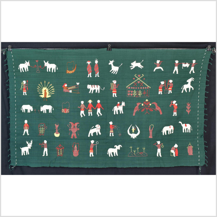 Dark green cotton story quilt Naga tribal textile ethnic embroidered boho fabric Burma hill tribe tapestry Thai India Hmong II188