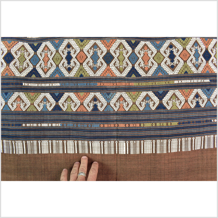 Tribal hilltribe runner tapestry, Laos Tai Lue boho textile, gray, brown, beige wedding gift blanket cotton throw natural dye ethnic decor ii199