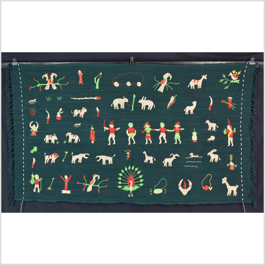 Evergreen cotton story quilt Naga tribal textile ethnic embroidered boho fabric Burma hill tribe tapestry Thailand India Hmong II19