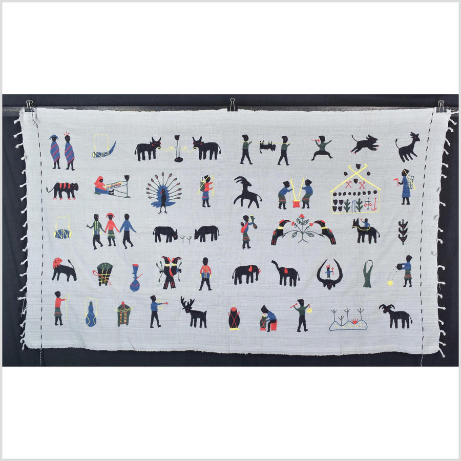 Warm pearl gray cotton story quilt Naga tribal textile ethnic embroidered boho fabric Burma hill tribe tapestry Thai India Hmong II205