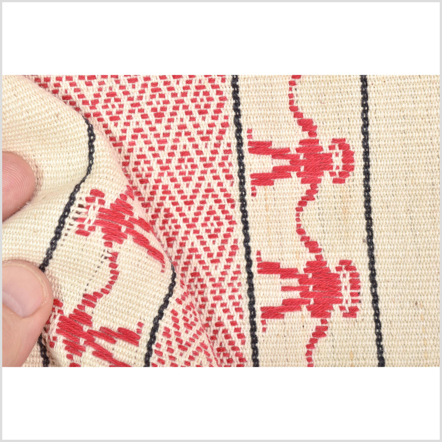 Tribal ethnic Naga geometric red cream blanket, handwoven cotton throw boho Thailand Burma India tapestry ii216