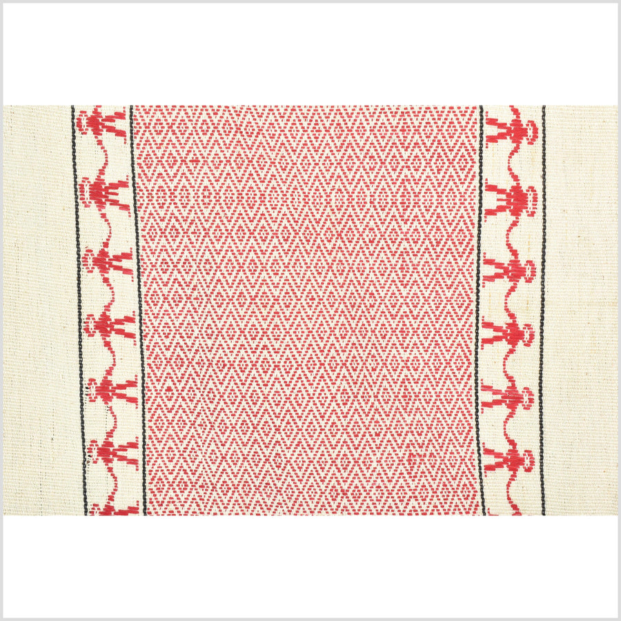 Tribal ethnic Naga geometric red cream blanket, handwoven cotton throw boho Thailand Burma India tapestry ii216