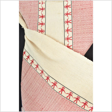 Tribal ethnic Naga geometric red cream blanket, handwoven cotton throw boho Thailand Burma India tapestry ii216
