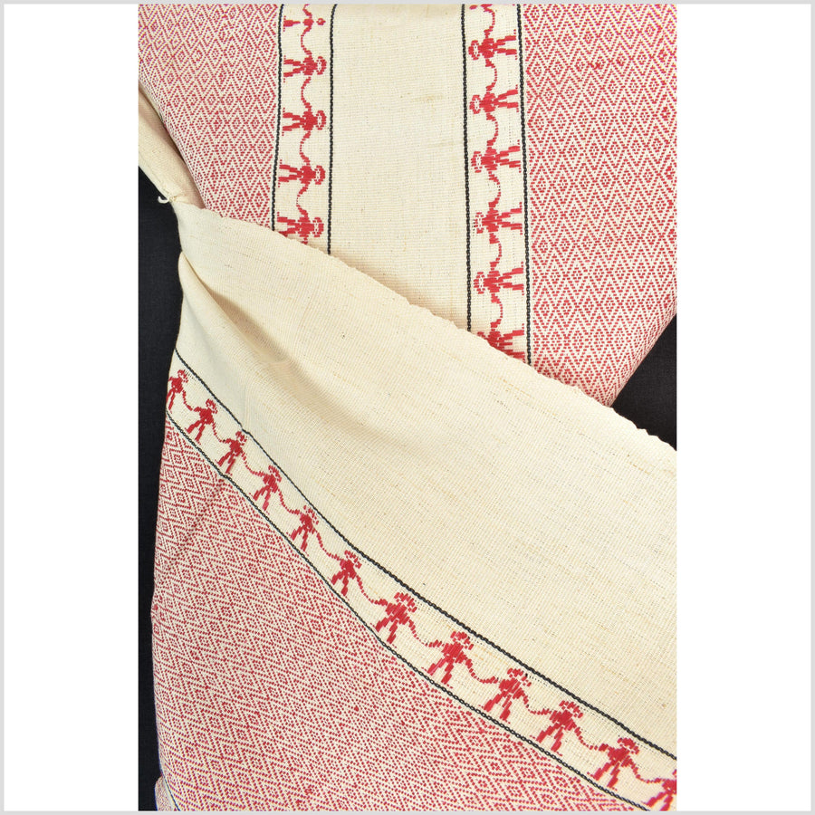 Tribal ethnic Naga geometric red cream blanket, handwoven cotton throw boho Thailand Burma India tapestry ii216