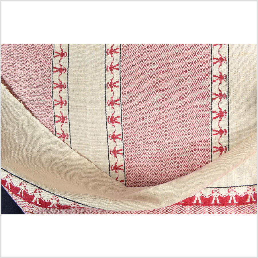 Tribal ethnic Naga geometric red cream blanket, handwoven cotton throw boho Thailand Burma India tapestry ii216