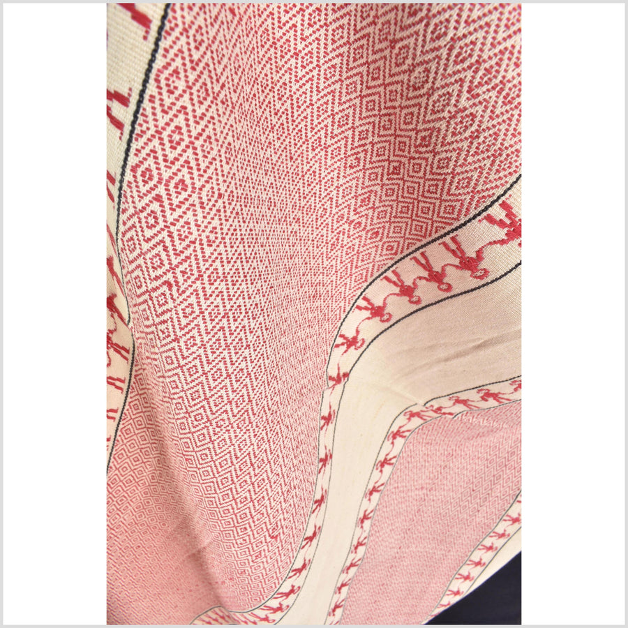 Tribal ethnic Naga geometric red cream blanket, handwoven cotton throw boho Thailand Burma India tapestry ii216