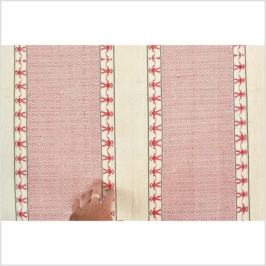 Tribal ethnic Naga geometric red cream blanket, handwoven cotton throw boho Thailand Burma India tapestry ii216