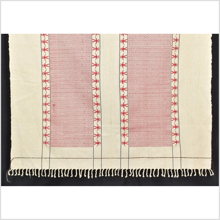 Tribal ethnic Naga geometric red cream blanket, handwoven cotton throw boho Thailand Burma India tapestry ii216