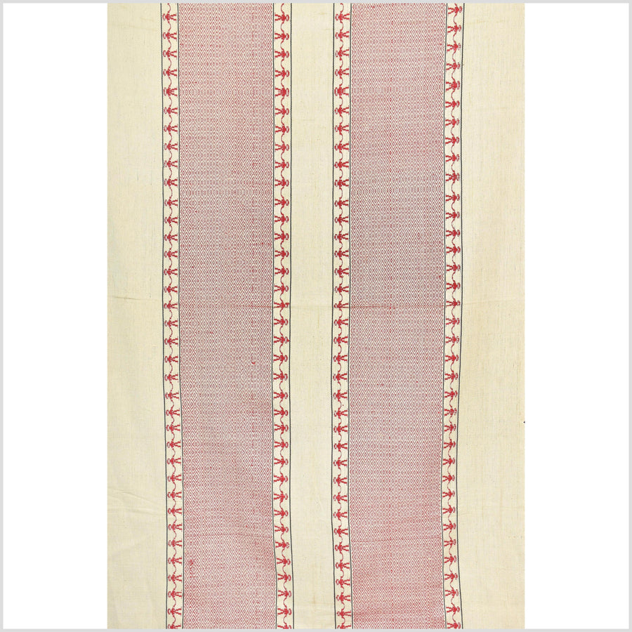 Tribal ethnic Naga geometric red cream blanket, handwoven cotton throw boho Thailand Burma India tapestry ii216