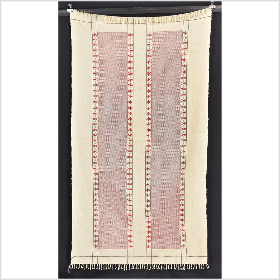 Tribal ethnic Naga geometric red cream blanket, handwoven cotton throw boho Thailand Burma India tapestry ii216
