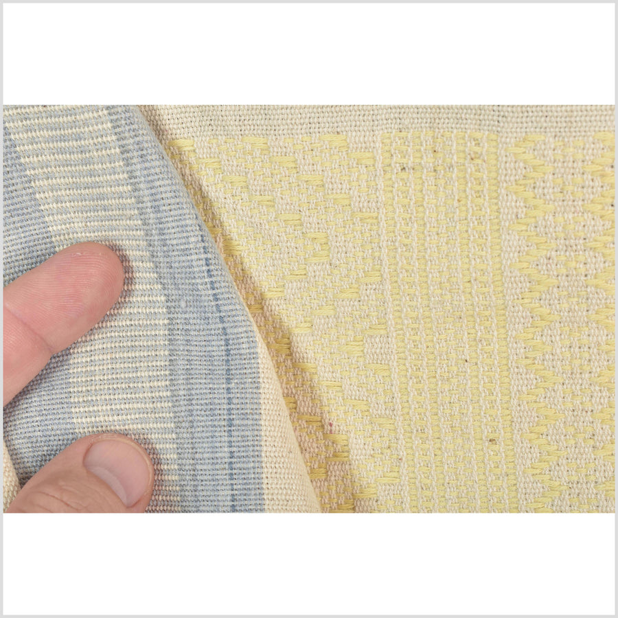 Natural dye, tribal ethnic Naga blanket, minimal neutral natural cream blue yellow, handwoven cotton throw boho Thai Burma India ii217