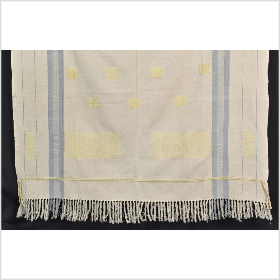 Natural dye, tribal ethnic Naga blanket, minimal neutral natural cream blue yellow, handwoven cotton throw boho Thai Burma India ii217
