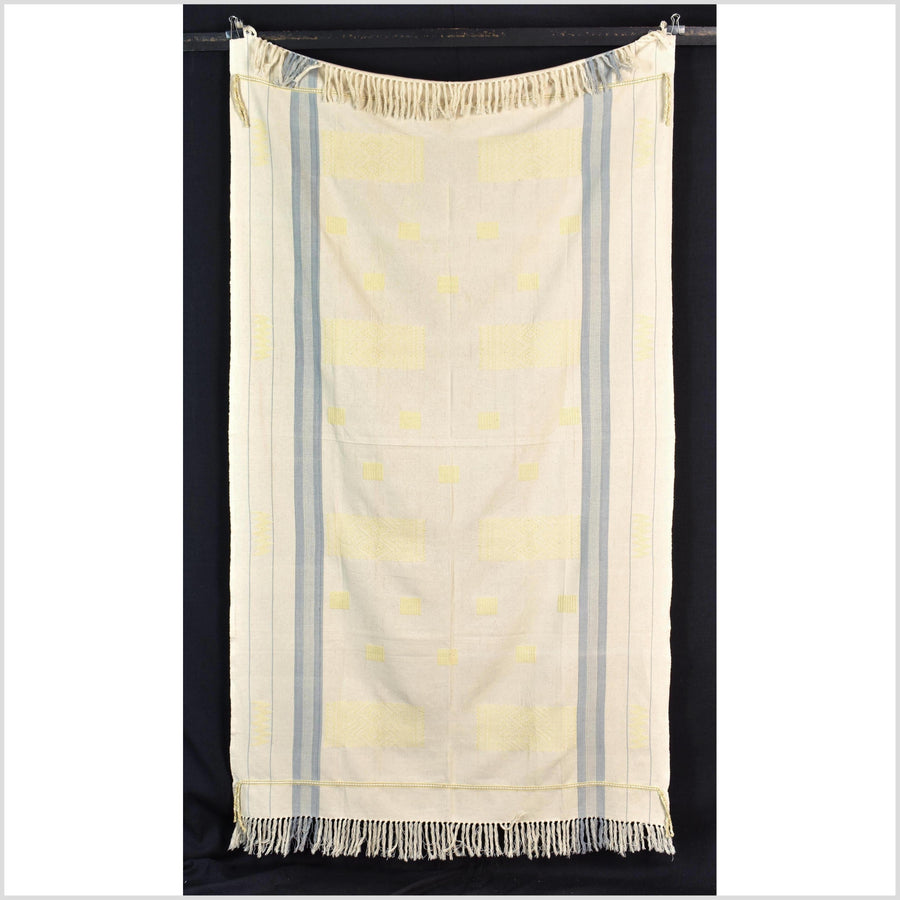 Natural dye, tribal ethnic Naga blanket, minimal neutral natural cream blue yellow, handwoven cotton throw boho Thai Burma India ii217