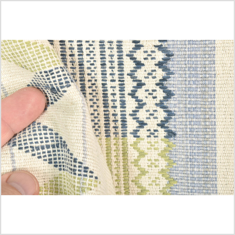 Natural dye, tribal ethnic Naga blanket, minimal neutral natural cream blue green, handwoven cotton throw boho Thai Burma India ii218