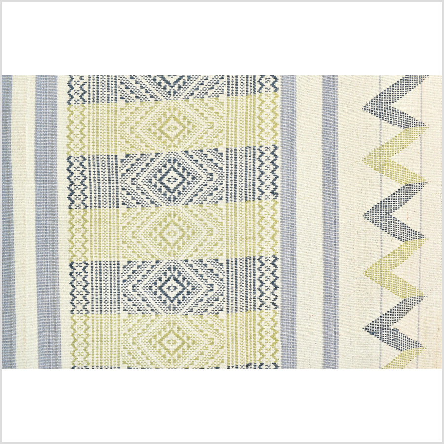 Natural dye, tribal ethnic Naga blanket, minimal neutral natural cream blue green, handwoven cotton throw boho Thai Burma India ii218