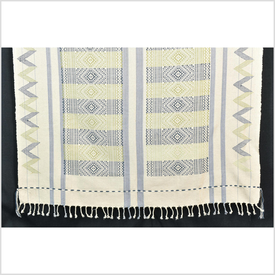 Natural dye, tribal ethnic Naga blanket, minimal neutral natural cream blue green, handwoven cotton throw boho Thai Burma India ii218