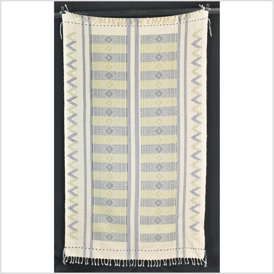Natural dye, tribal ethnic Naga blanket, minimal neutral natural cream blue green, handwoven cotton throw boho Thai Burma India ii218