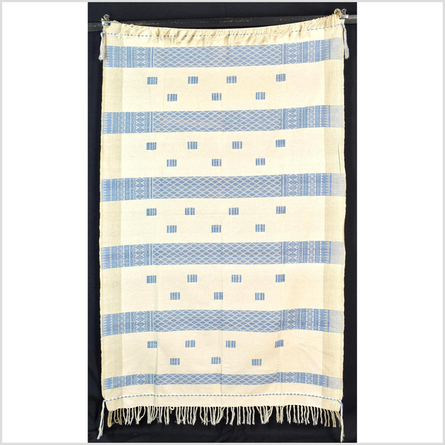 Natural dye, tribal ethnic Naga blanket, minimal neutral natural cream blue, handwoven cotton throw boho Thai Burma India ii220