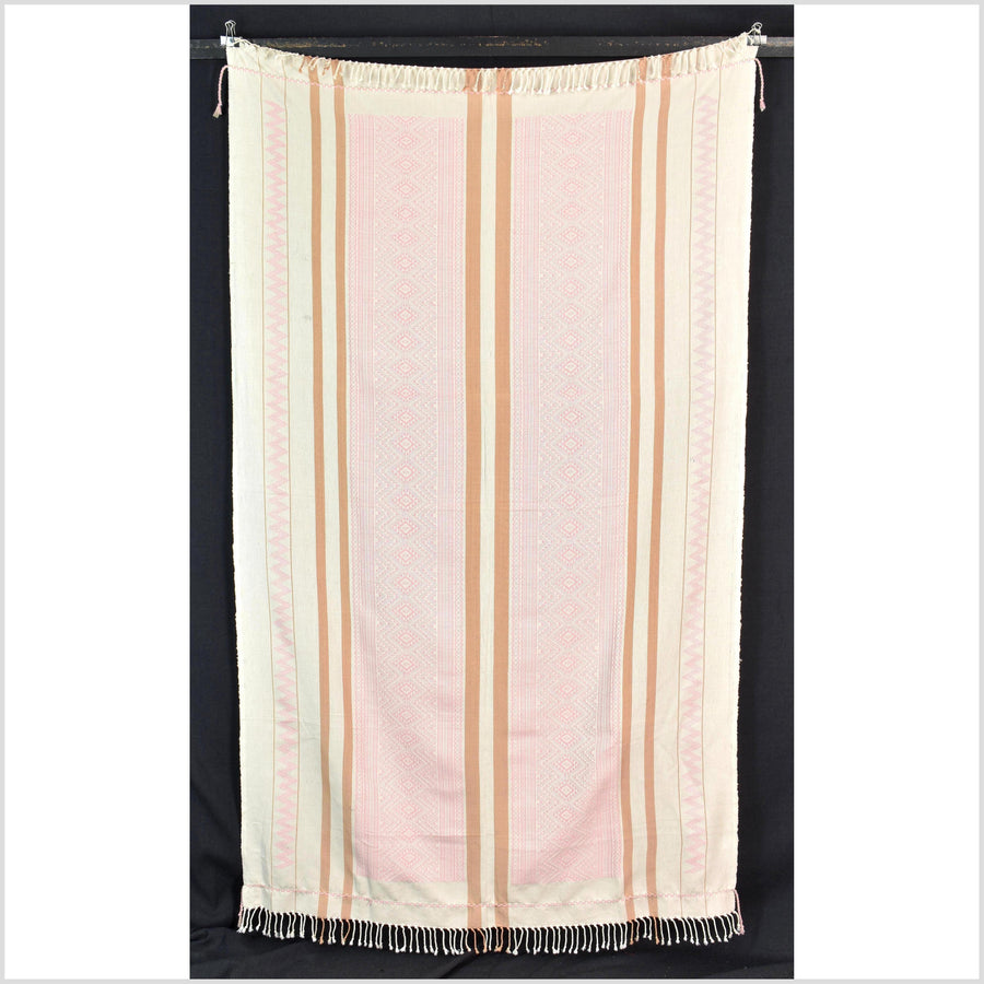Natural dye, tribal ethnic Naga blanket, minimal neutral natural cream pink cantaloupe, handwoven cotton throw boho Thai Burma India ii221