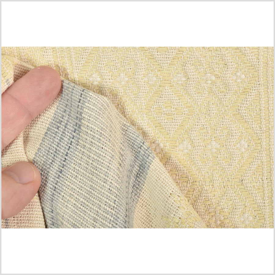 Natural dye, tribal ethnic Naga blanket, cream yellow blue white, handwoven cotton throw boho Thai Burma India ii223