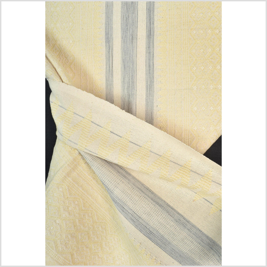 Natural dye, tribal ethnic Naga blanket, cream yellow blue white, handwoven cotton throw boho Thai Burma India ii223