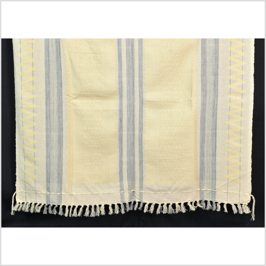 Natural dye, tribal ethnic Naga blanket, cream yellow blue white, handwoven cotton throw boho Thai Burma India ii223