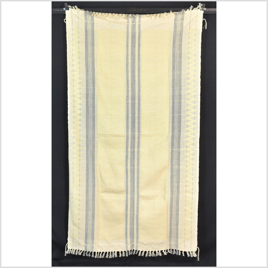 Natural dye, tribal ethnic Naga blanket, cream yellow blue white, handwoven cotton throw boho Thai Burma India ii223