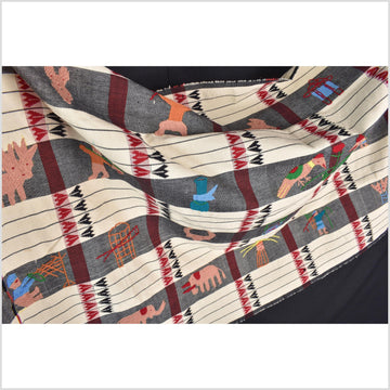 Unusual cream gray grid style cotton story quilt Naga tribal textile ethnic embroidered boho fabric Burma hill tribe tapestry Thailand India Hmong II226